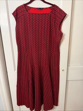 Lands End Red and Black Patterned Midi Fit & Flare Dress